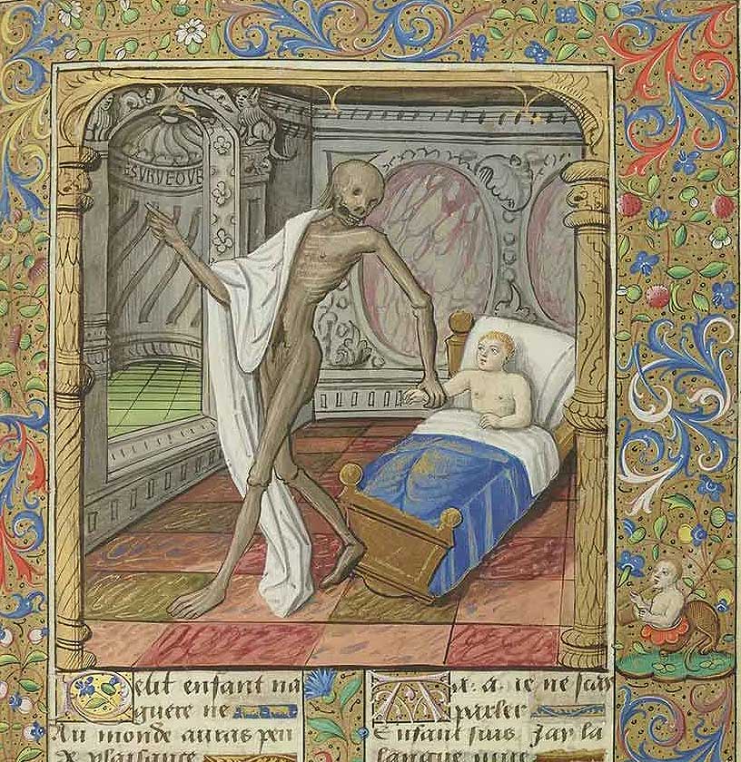 Una de las páginas de un libro medieval ilustrado del siglo XV sobre la danza macabra que se conserva en la Biblioteca Naciona de Francia.