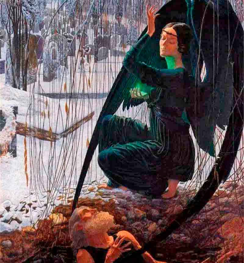 Fragmento de La mort du fossoyeur (1890) de Carlos Schwabe