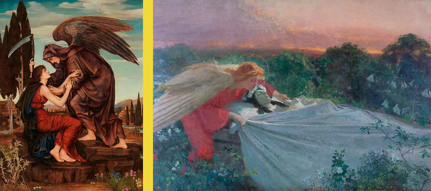 A la izquierda cuadro de Evelyn De Morgan, The Angel of Death (I) (1880). A la derecha L'ange de la mort (1897 de Domenico Morelli.