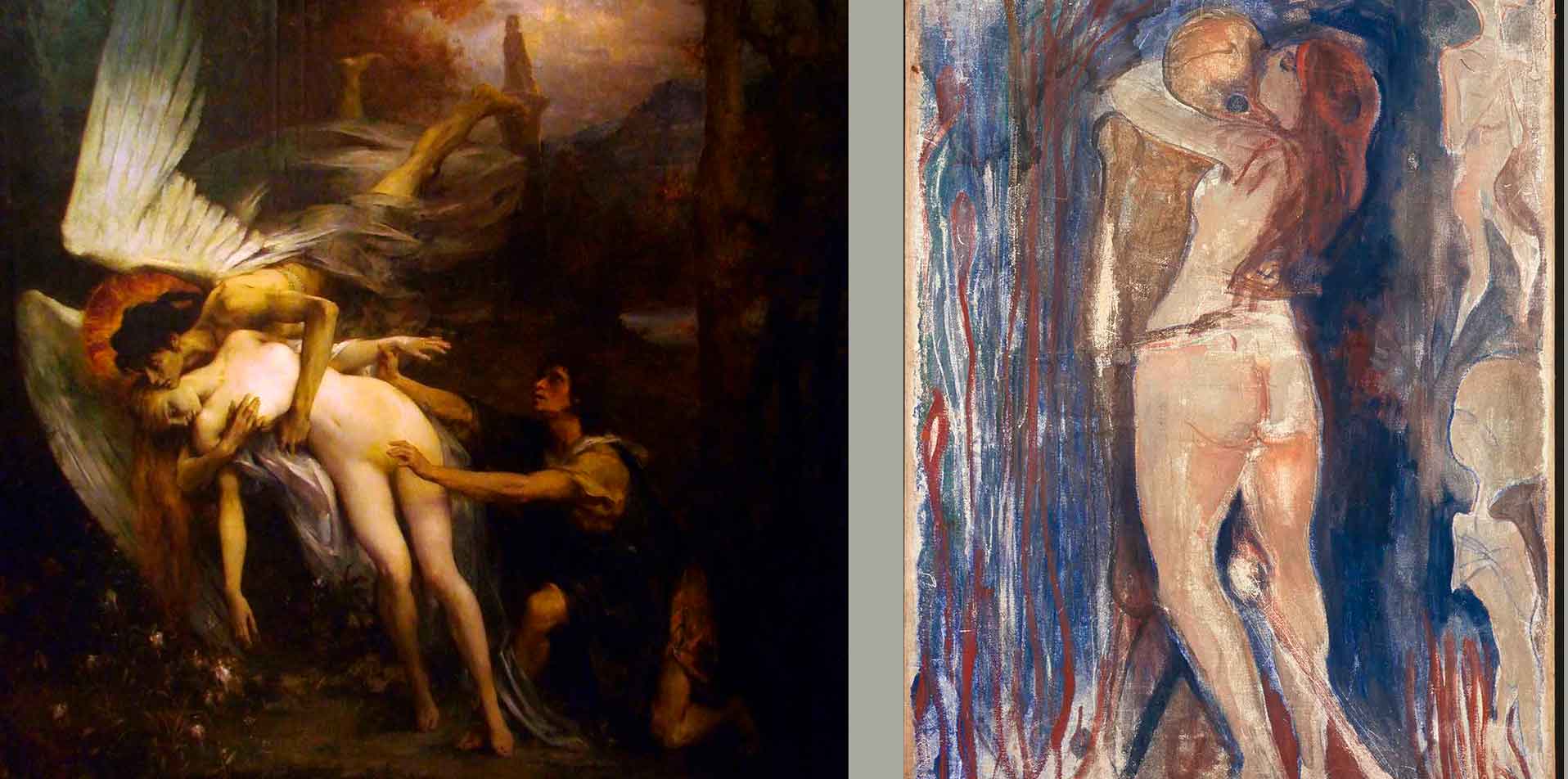 Fragmentos de las obras, a la izquierda del pintor Henry Lévy que  firma La jeune fille et la mort (1900), mientras a la derecha se expone parte de Death and Life (Death and the Maiden) fechado en 1893-94 del artista noruego Edvard Munch.